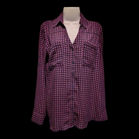 Express Red and Black Patterned Button-Up Women's Shirt - Picture 1 of 4